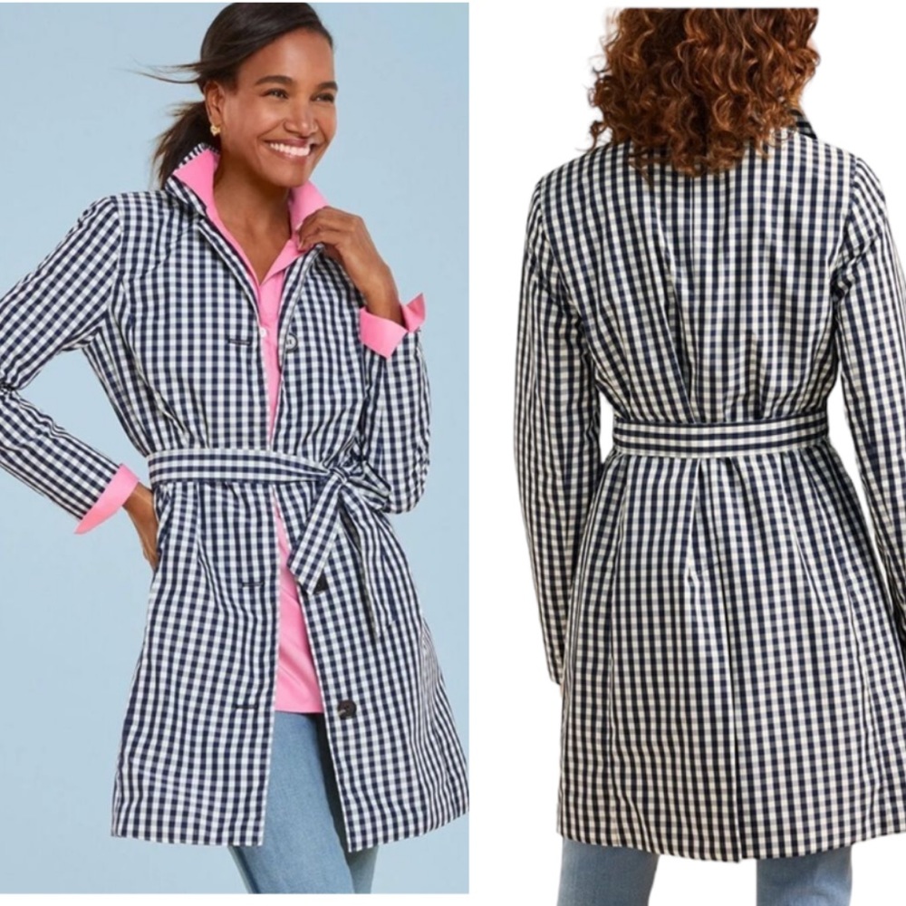 NWT Talbots Mac Black White Gingham Belted Weather Resistant Trench Coat - 6 - Picture 1 of 15